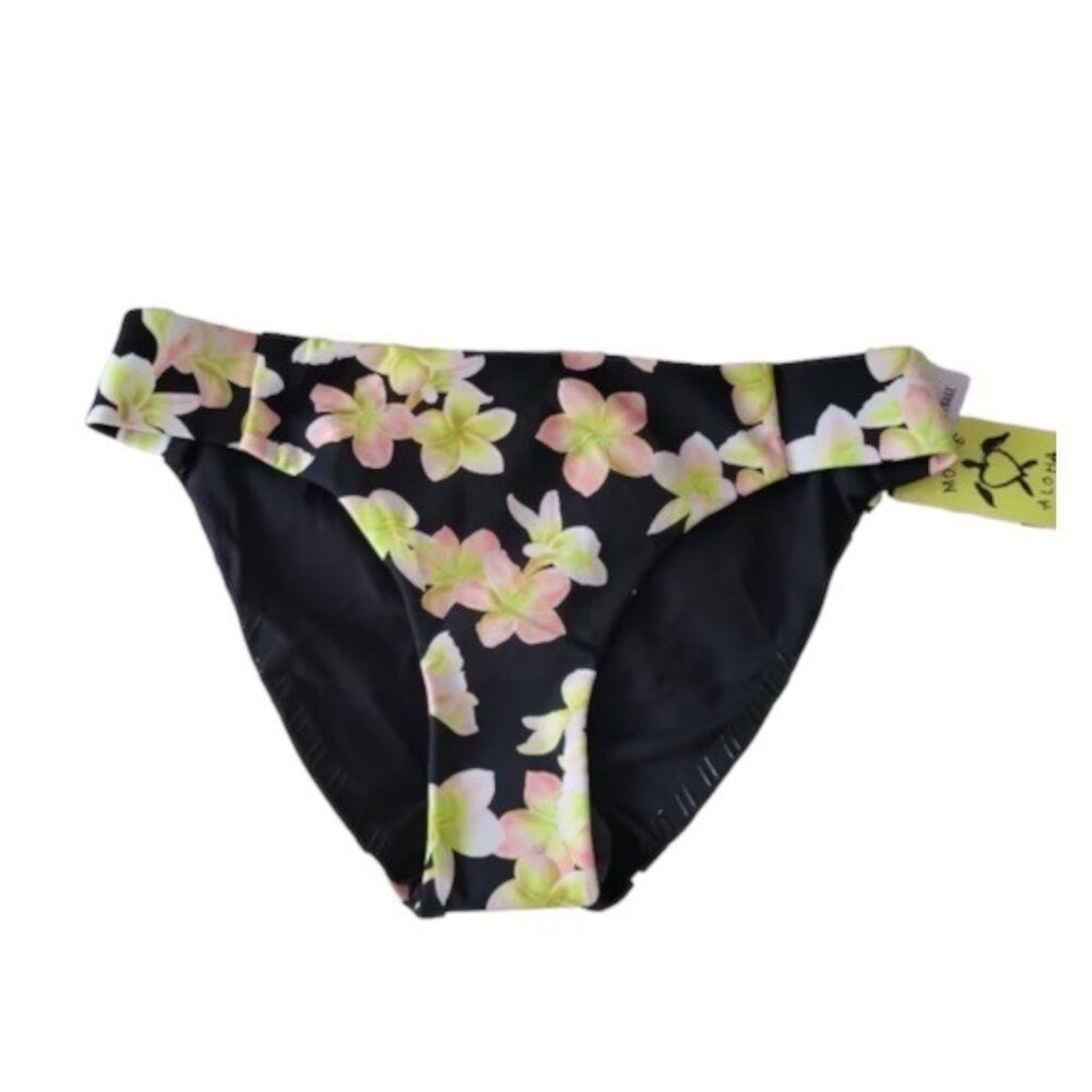 Hurley Bikini Bottoms Plumeria Black Floral Full Tab Swim Bottoms Floral S & M